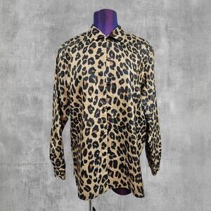 Stunt 100% Silk Leopard Print Button Down Blouse Animal Print Medium H22
